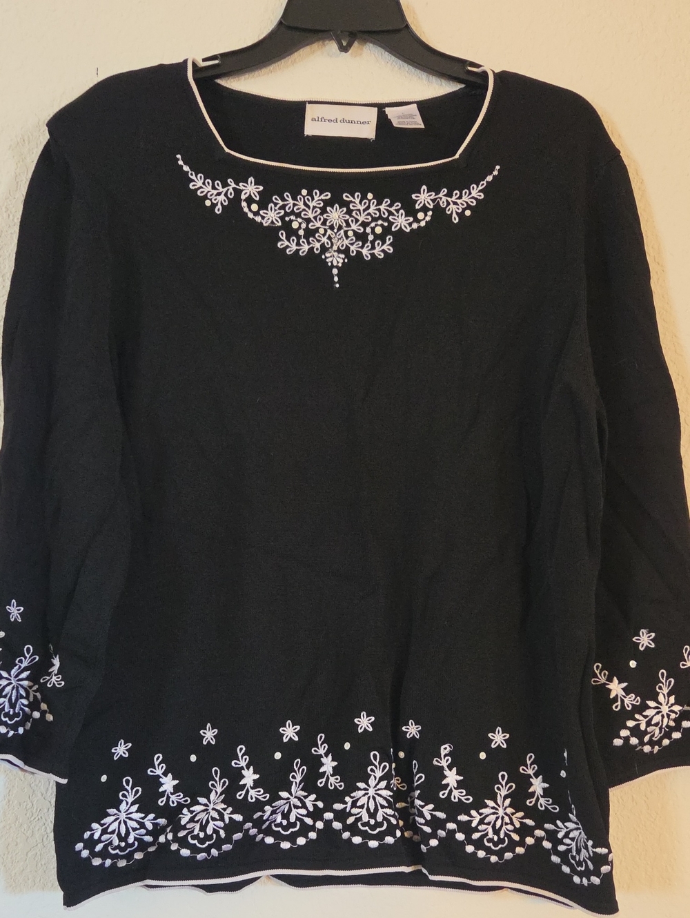 Alfred Dunner Black Long-Sleeve Top with White Floral Embroidery